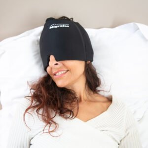 Bonnet anti migraine avec poche de gel froid à 360°, conçu pour soulager les migraines et maux de tête, en tissu extensible et confortable